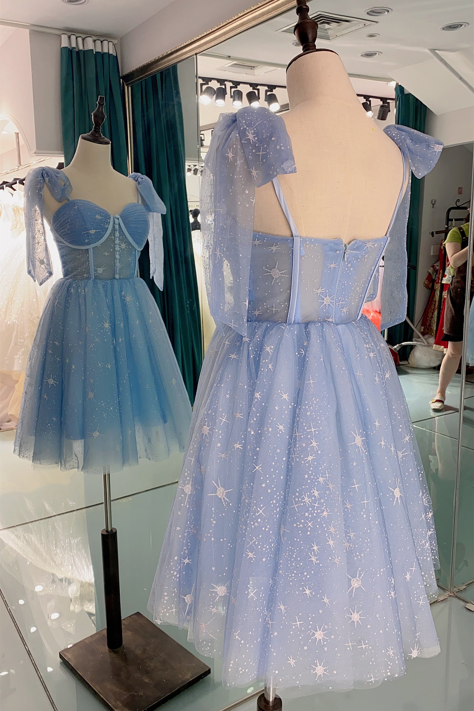 Raven Daria Sky Blue Sequin Tulle Cute Midi Dresses, Short Prom Dresses, Homecoming Dresses, HD001