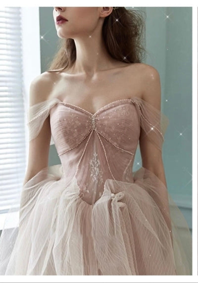 Off the Shoulder Pink Tulle Beaded A-line Prom Dresses, Lovely Prom Dresses, Sweet 16 Dresses, 2021 Prom Dresses