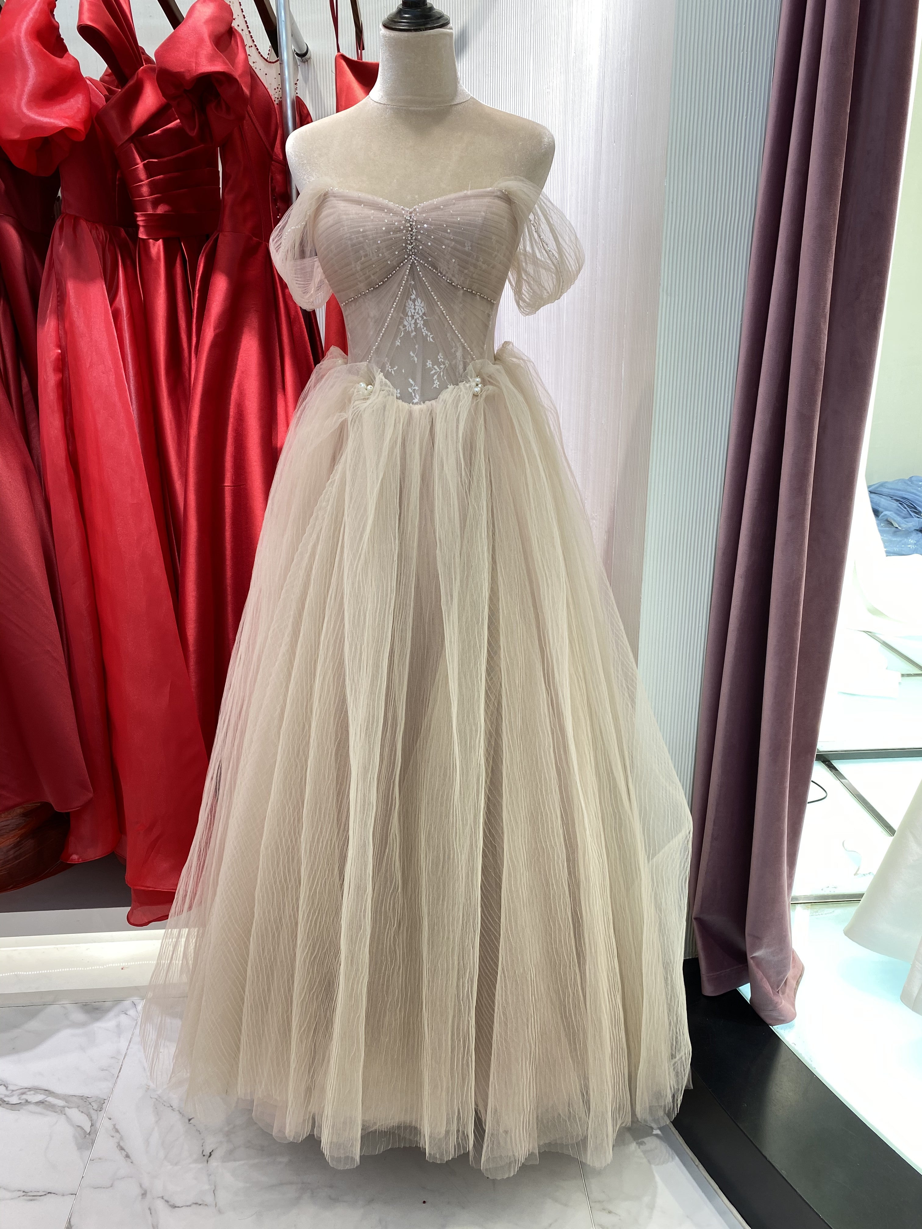 Off the Shoulder Pink Tulle Beaded A-line Prom Dresses, Lovely Prom Dresses, Sweet 16 Dresses, 2021 Prom Dresses