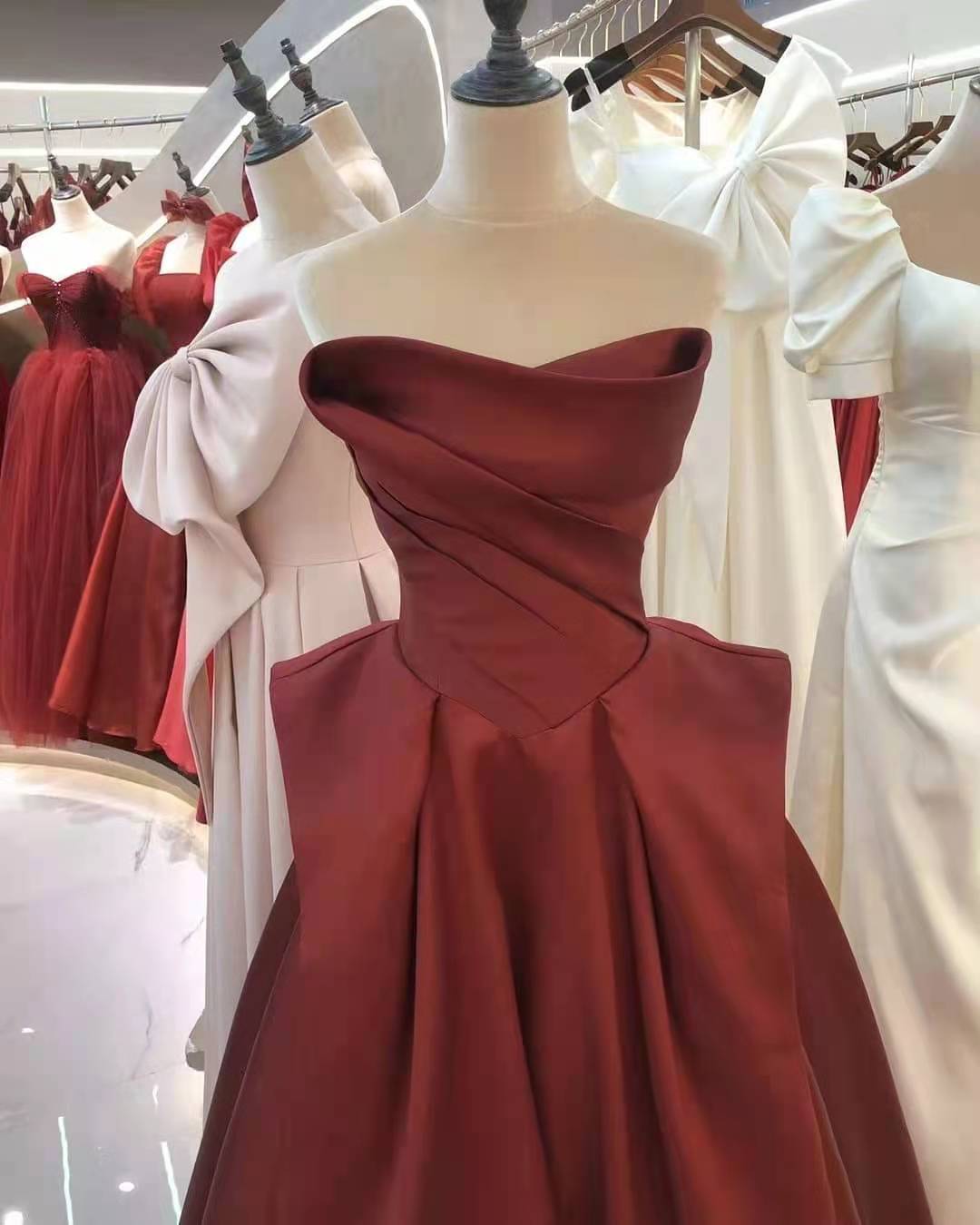 Strapless Burgundy Satin Long Prom Dresses, A-line Prom Dresses, Affordable Prom Dresses