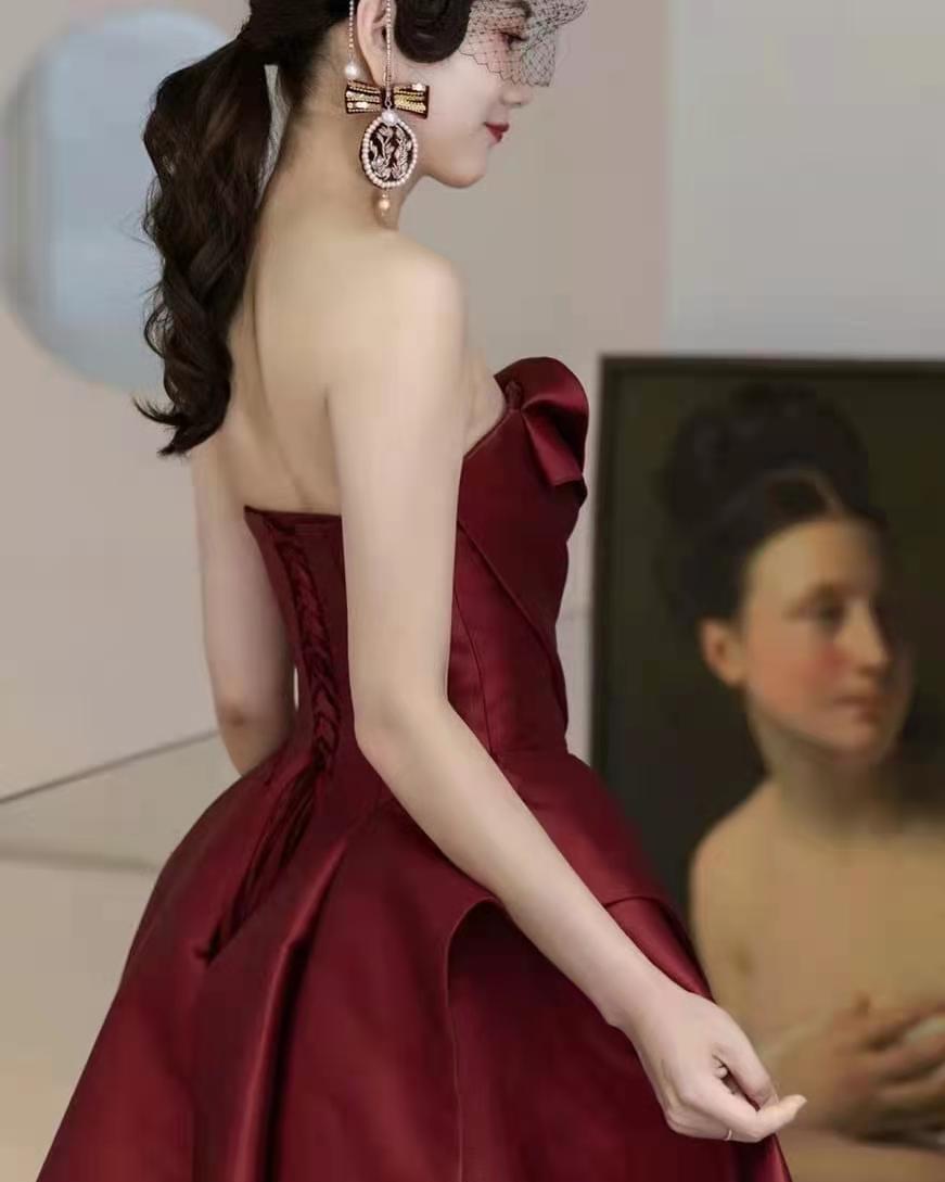 Strapless Burgundy Satin Long Prom Dresses, A-line Prom Dresses, Affordable Prom Dresses