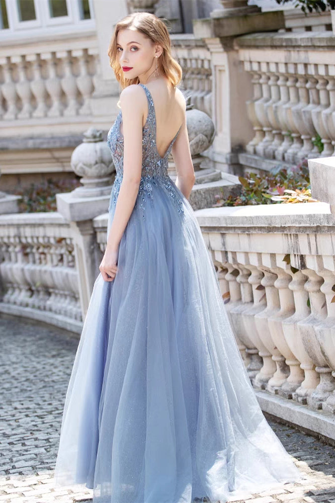 V-neck Dusty Blue Beaded Tulle Prom Dresses, A-line Prom Dresses, Newest Prom Dresses, Popular Prom Dresses, 2021 Prom Dresses, UB210