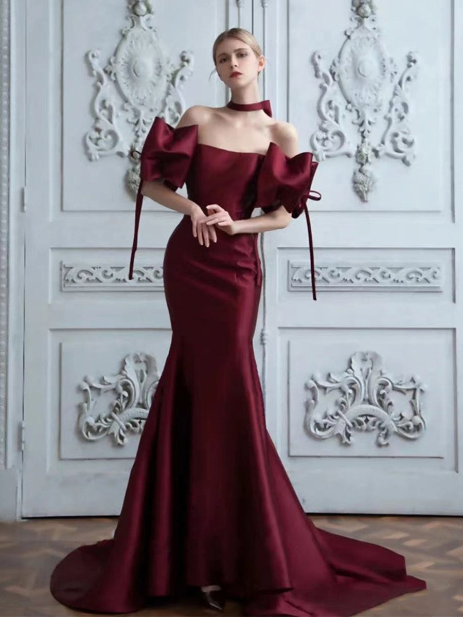 Wine Red Mermaid Satin Prom Dresses, Rosie Long Prom Dresses, Newest Prom Dresses, Affordable Prom Dresses, RC007