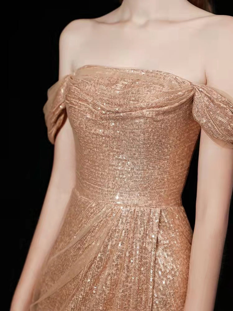 Off Shoulder Champagne Gold Sequin Long Mermaid Prom Dresses, Simple Long Prom Dresses, 2022 Prom Dresses, Shiny Prom Dresses,RC022