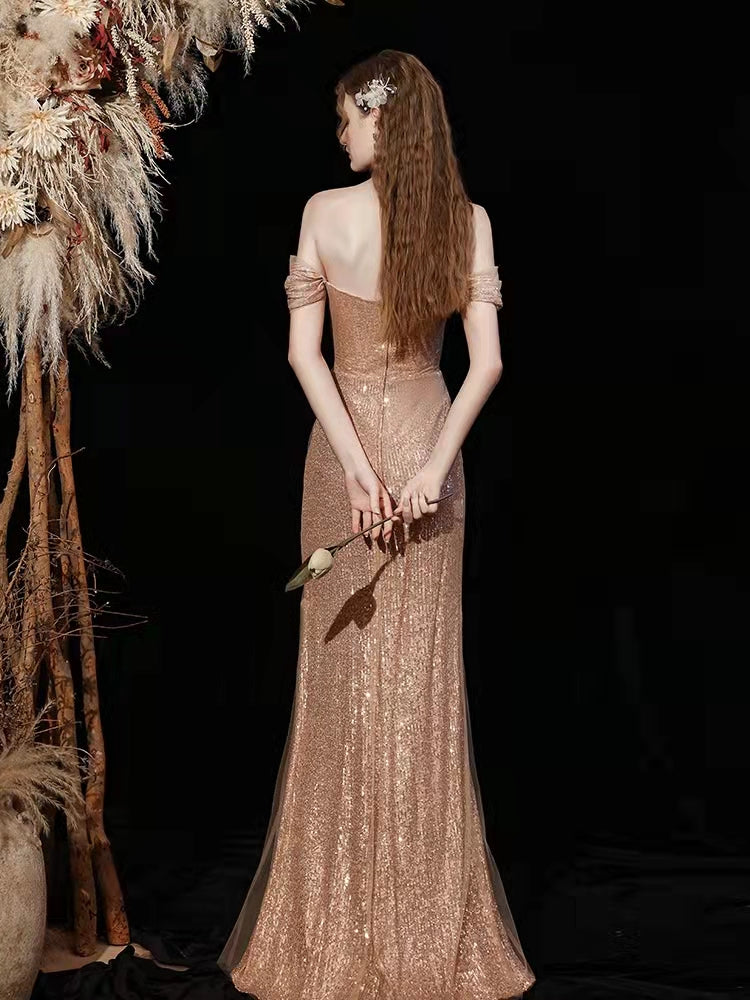 Off Shoulder Champagne Gold Sequin Long Mermaid Prom Dresses, Simple Long Prom Dresses, 2022 Prom Dresses, Shiny Prom Dresses,RC022