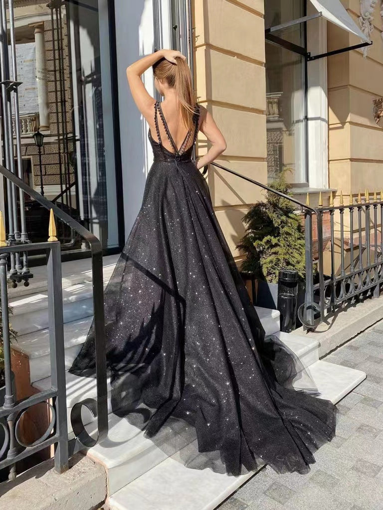 Black Color A-line Long Prom Dresses, Shiny Tulle 2022 Prom Dresses, Newest Evening party Dresses