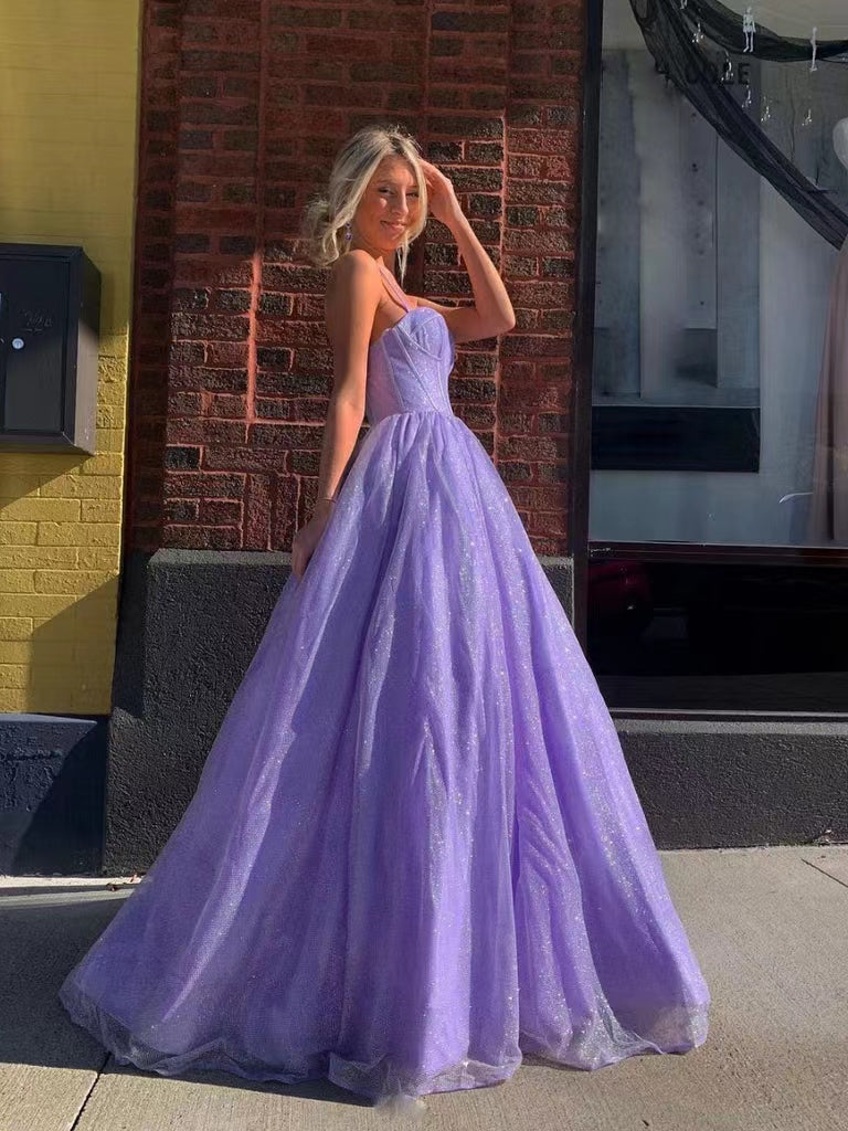 Spaghetti Straps Shiny Purple Long Prom Dresses, A-line 2022 Long Prom Dresses, Popular Evening Girl Dresses