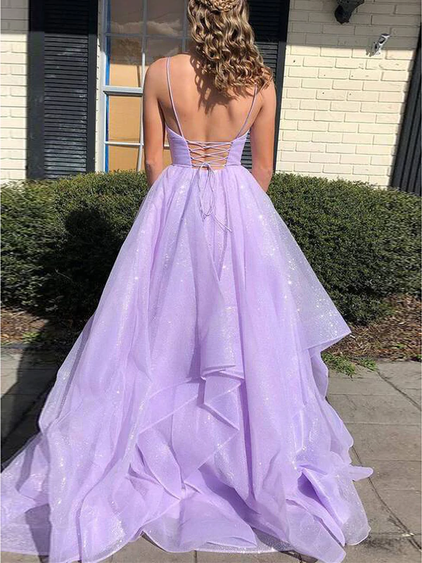 Shiny V Neck Fluffy Purple Long Prom Dresses, A Line 2021 Prom Dresses, Girl Party Dresses