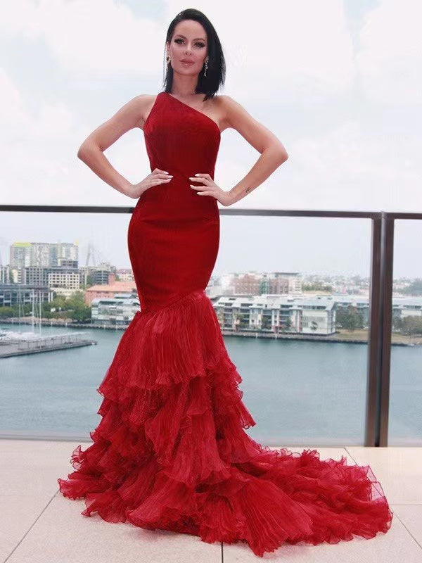 One Shoulder Burgundy Mermaid 2022 Newest Prom Dresses, Fashion Unique Long Prom Dresses, Wedding Dresses