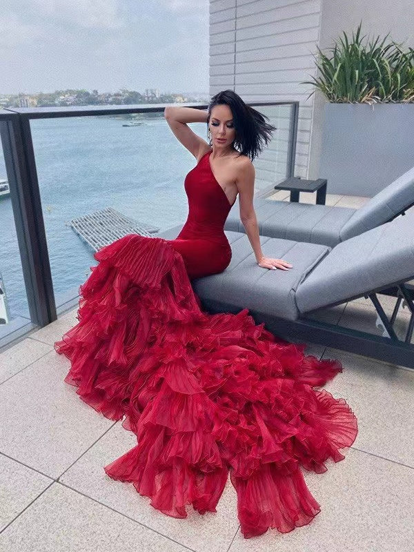 One Shoulder Burgundy Mermaid 2022 Newest Prom Dresses, Fashion Unique Long Prom Dresses, Wedding Dresses