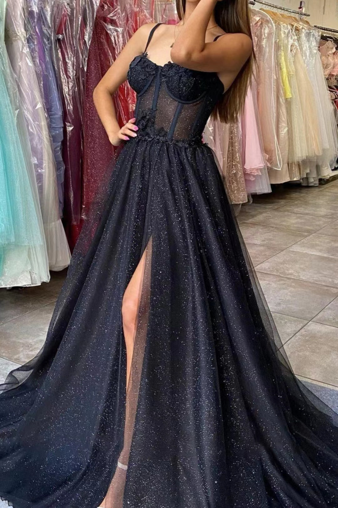 Spaghetti Straps A-line Black Long Prom Dresses, Glitter Newest 2022 Prom Dresses, Fashion Evening Party Dresses