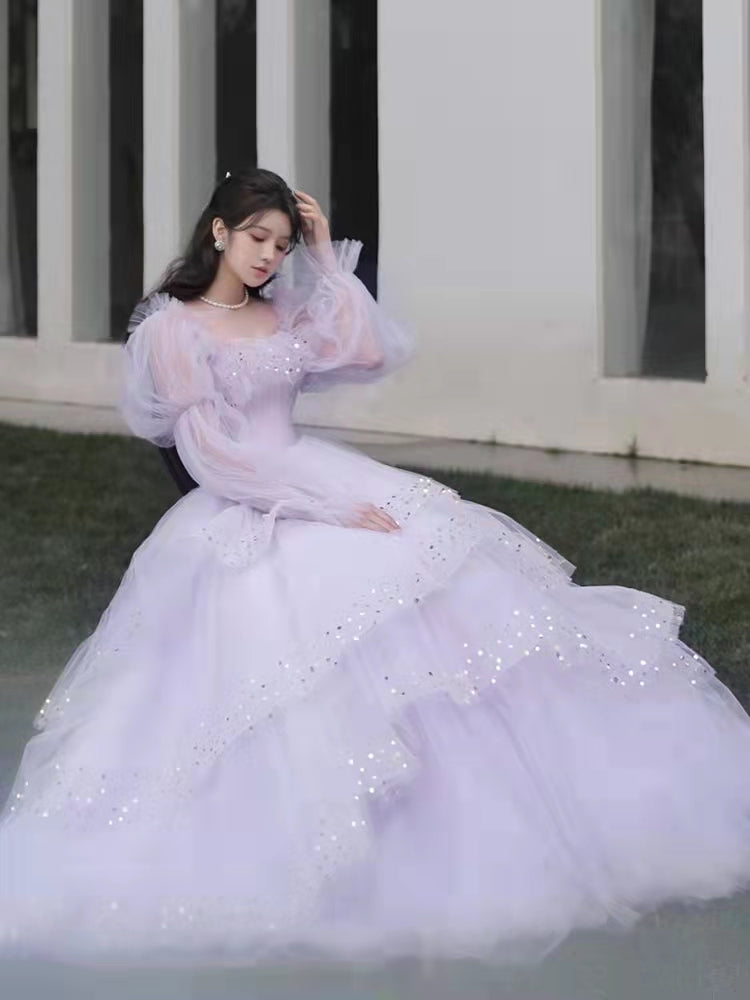 Lilac Bubble Sleeve Prom Dresses, Puffy Ruffled Beaded Prom Dresses, Princess Prom Dresses, Newest 2022 Prom Dresses, RC033