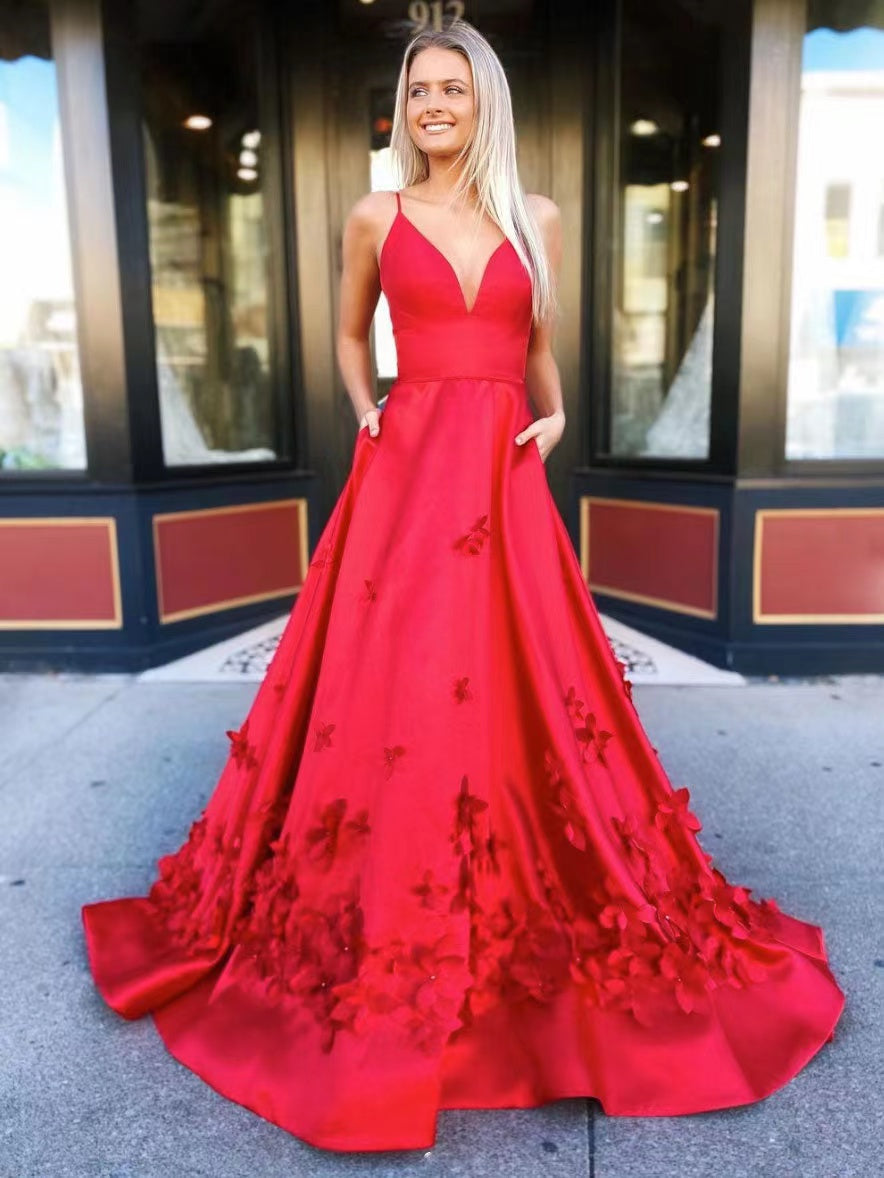 Spaghetti Long A-line Floral Prom Dresses, 3D Satin Flowers Prom Dresses, Popular 2022 Prom Dresses, RC034