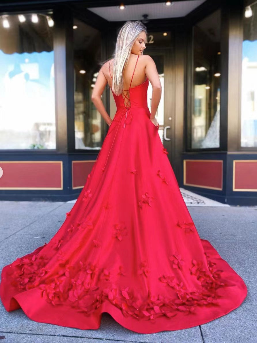 Spaghetti Long A-line Floral Prom Dresses, 3D Satin Flowers Prom Dresses, Popular 2022 Prom Dresses, RC034