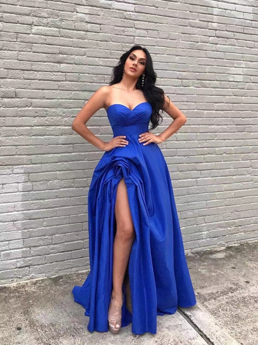 Strapless A-line Long Prom Dresses, Popular Side Slit Party Dresses, 2022 Newest Evening Dresses