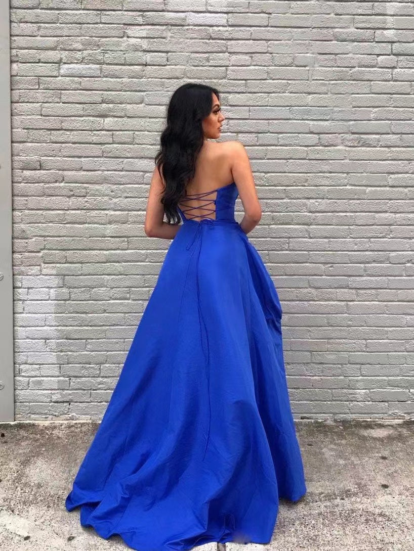 Strapless A-line Long Prom Dresses, Popular Side Slit Party Dresses, 2022 Newest Evening Dresses