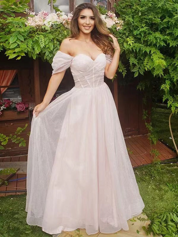 Off The Shoulder A-line Prom Dresses, Newest 2022 Long Prom Dresses, Light Pink Wedding Guest Dresses