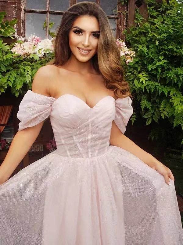 Off The Shoulder A-line Prom Dresses, Newest 2022 Long Prom Dresses, Light Pink Wedding Guest Dresses