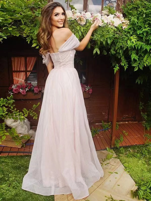 Off The Shoulder A-line Prom Dresses, Newest 2022 Long Prom Dresses, Light Pink Wedding Guest Dresses