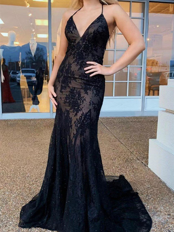 Spaghetti Straps Lace Long Prom Dresses, Popular Mermaid Design Evening Dresses, Newest 2022 Black Prom Dresses