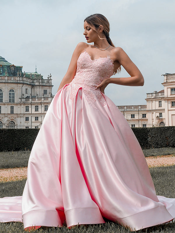 Sweetheart Pink Color Wedding Dresses, A-line Satin Lace Bridal Gowns, Newest Long Prom Dresses