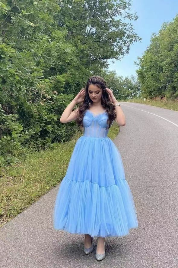 Light Blue Tea Length Prom Dresses, Newest Summer Girl Dresses, Graduation Party Prom Dresses