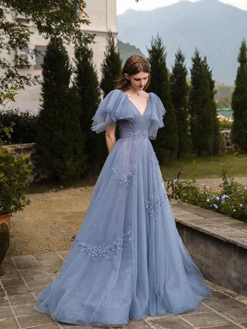 V-neck Tulle Long Prom Dresses, Appliques Lace Elegant Wedding Dresses, Newest 2022 Girl Party Dresses