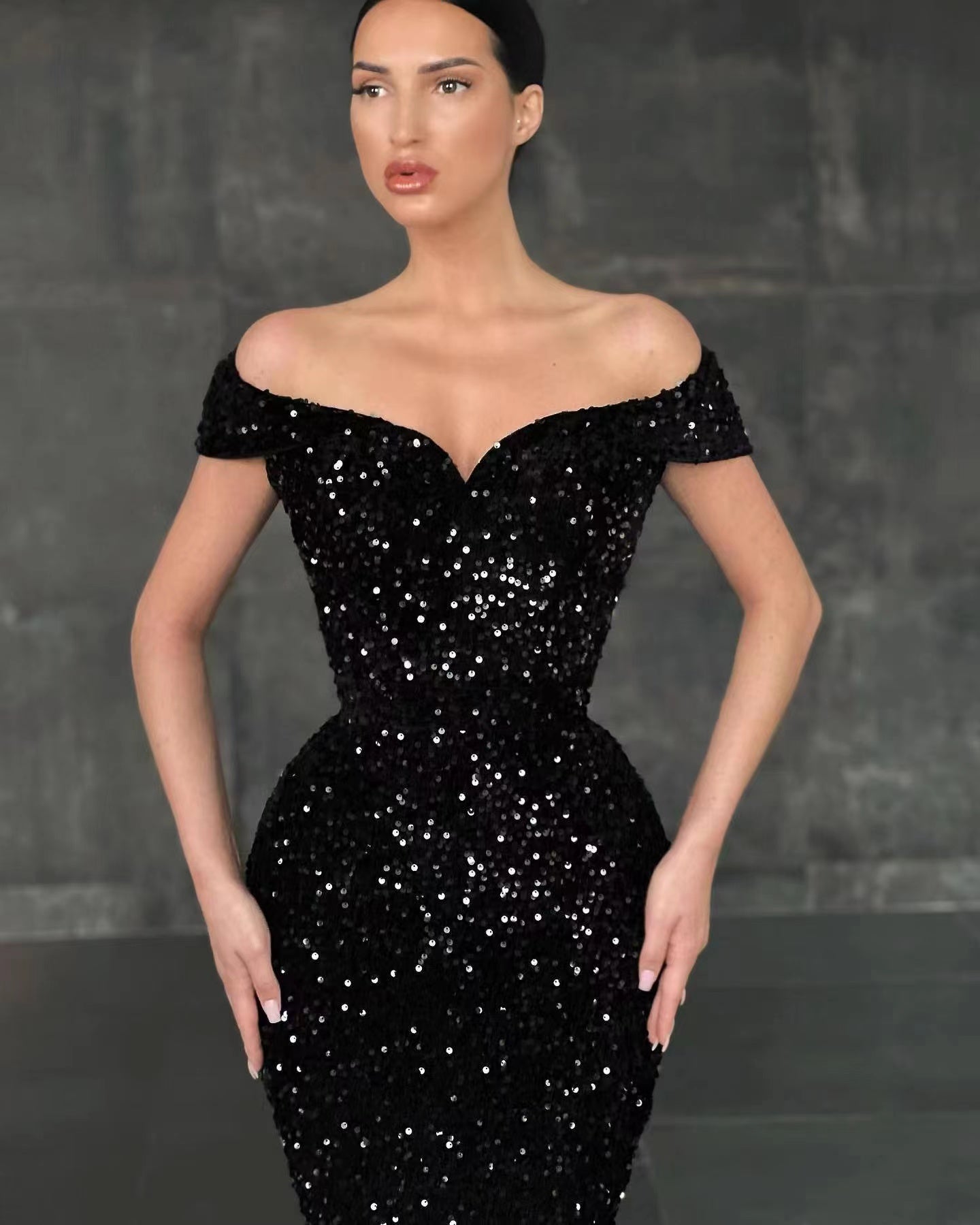 Off Shoulder Black Sequins Long Prom Dresses, Popular Meraid Party Dresses, Newest Wedding Guest Dresses