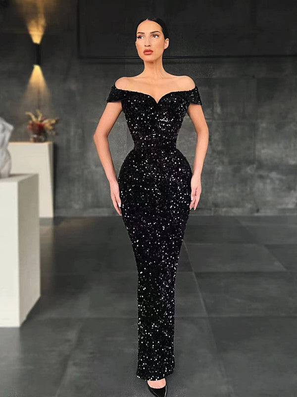 Off Shoulder Black Sequins Long Prom Dresses, Popular Meraid Party Dresses, Newest Wedding Guest Dresses