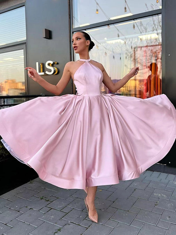 Halter A-line New Fashion Prom Dresses, Girl Graduation Party Dresses, Tea Length Bridesmaid Dresses