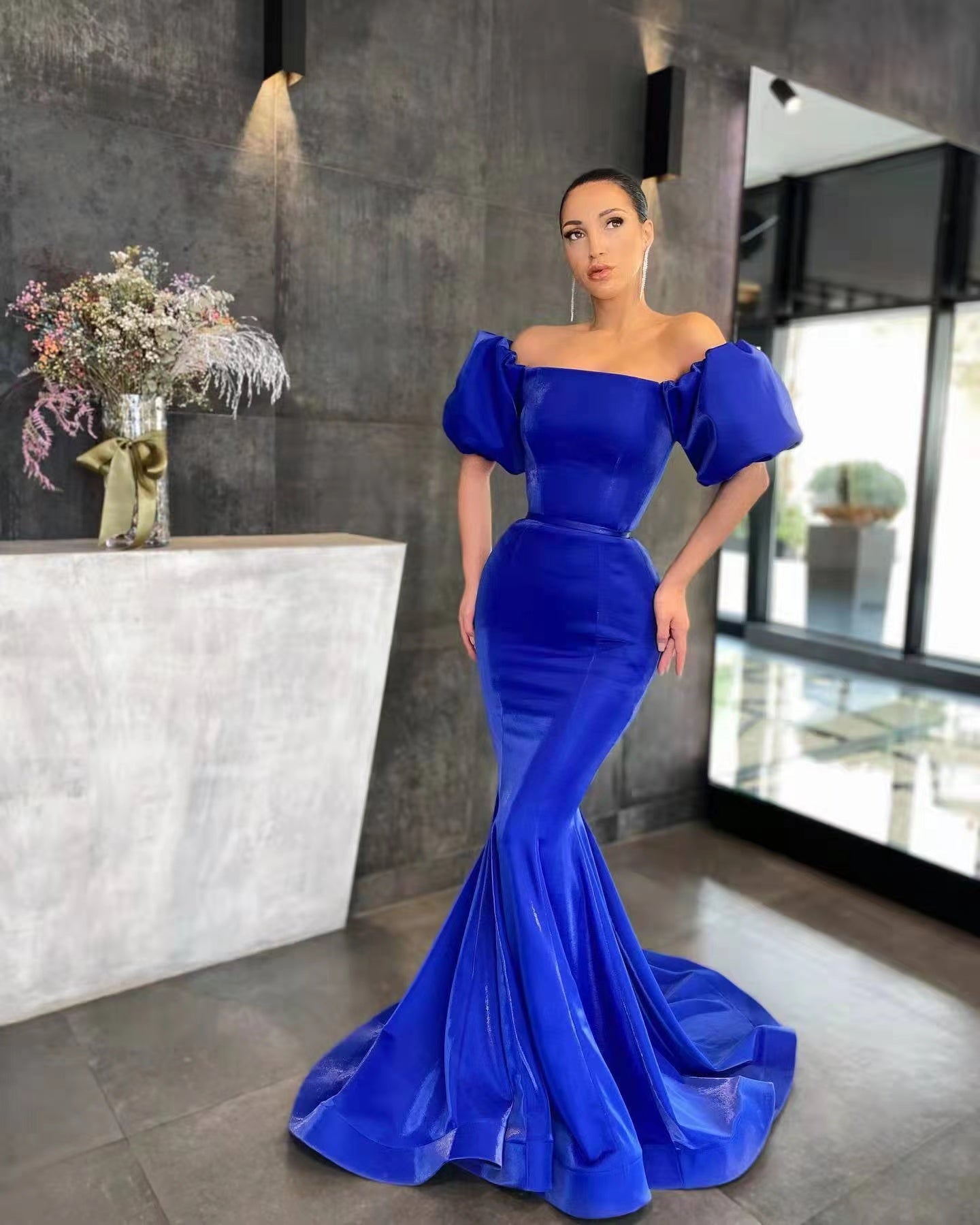 Bubble Sleeves Royal Blue Long Prom Dresses, Popular Mermaid 2022 Prom Dresses, Newest Evening Dresses