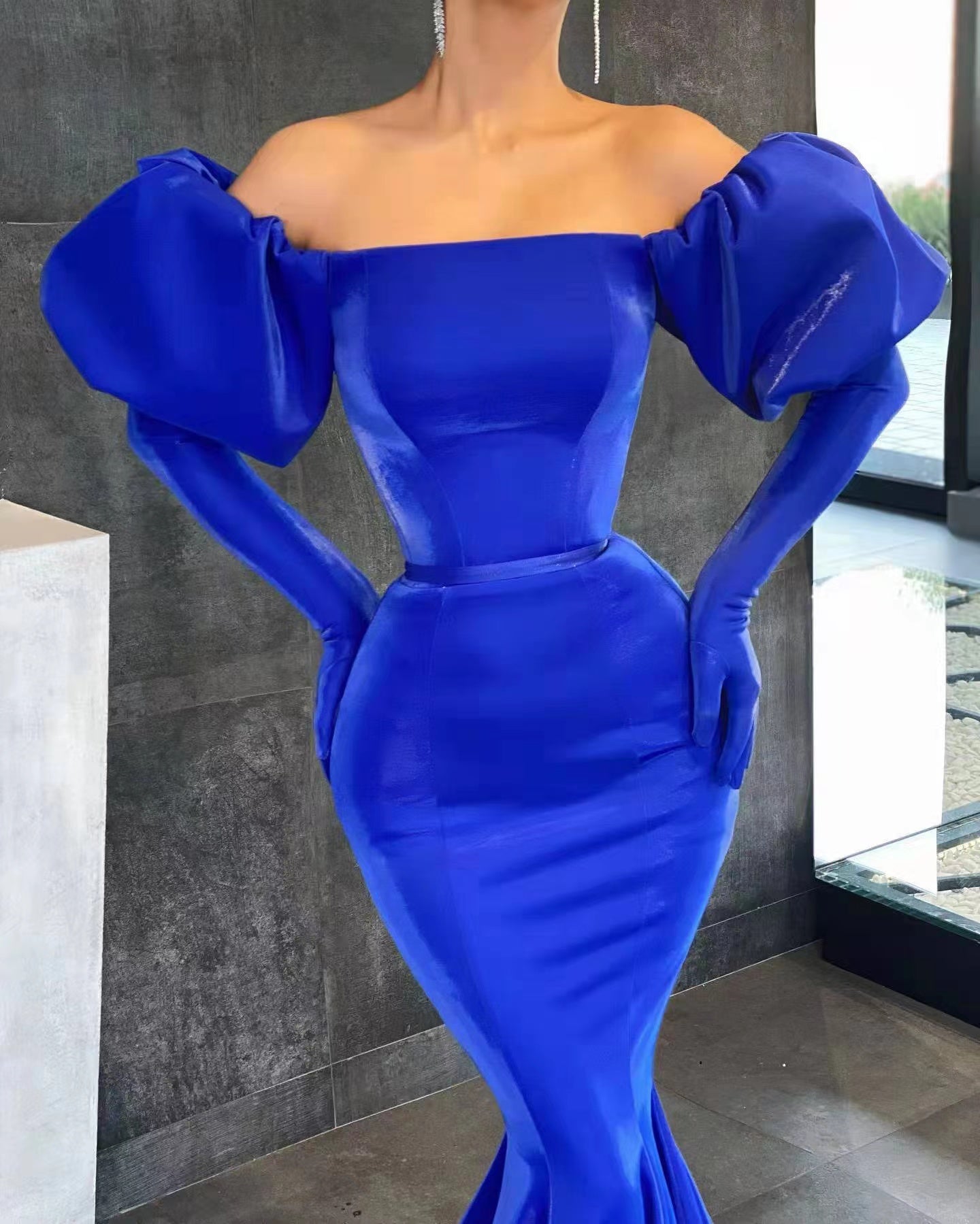 Bubble Sleeves Royal Blue Long Prom Dresses, Popular Mermaid 2022 Prom Dresses, Newest Evening Dresses