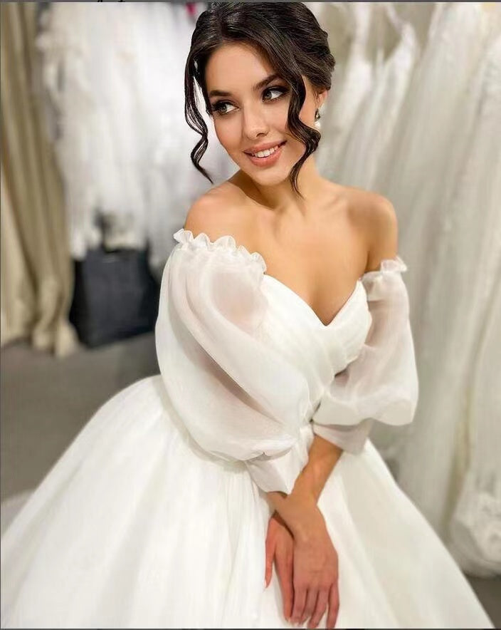 A-line Pluffy Popular Bridal Gowns, Newest 2022 Wedding Dresses, Bubble Sleeves Wedding Gowns