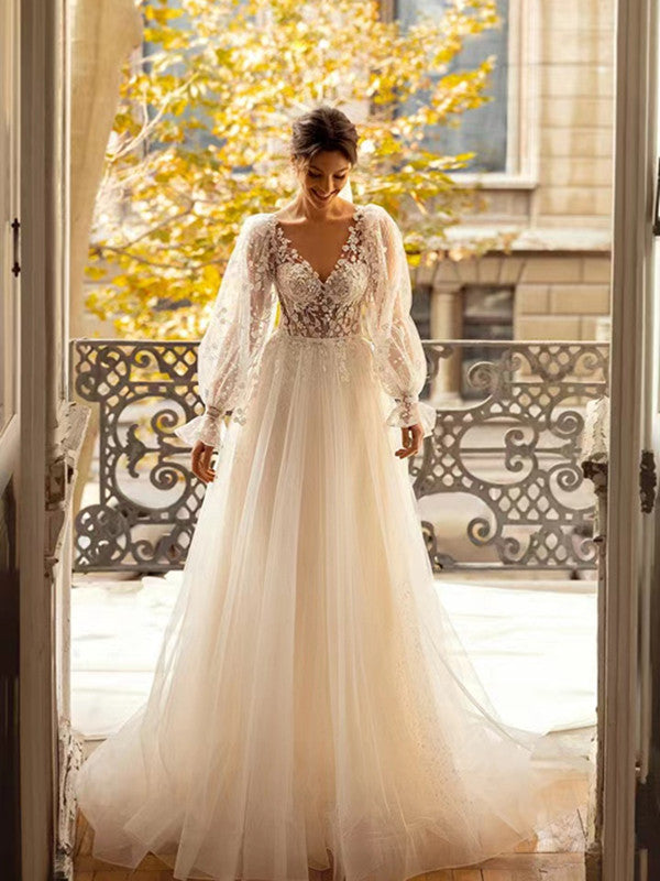 Long Sleeves Lace Wedding Dresses, Elegant V-neck Bridal Gowns, Newest Popular Wedding Gowns