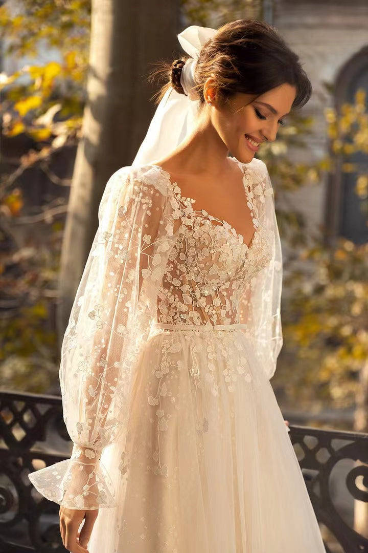 Long Sleeves Lace Wedding Dresses, Elegant V-neck Bridal Gowns, Newest Popular Wedding Gowns