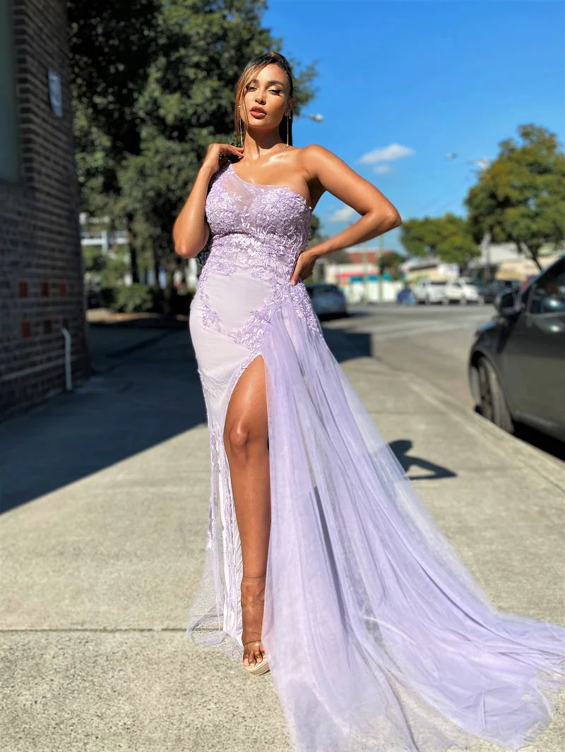 One Shoulder Newest Prom Dresses, Lace Mermaid 2023 Long Prom Dresses, Side Silt Evening Dresses