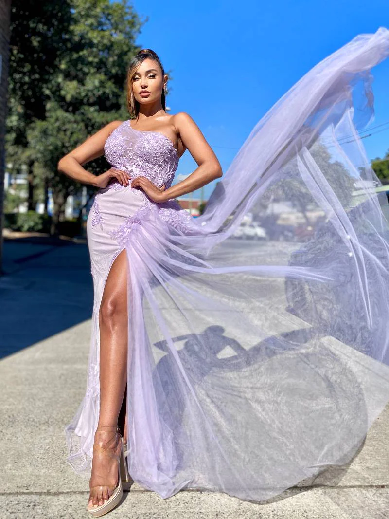 One Shoulder Newest Prom Dresses, Lace Mermaid 2023 Long Prom Dresses, Side Silt Evening Dresses