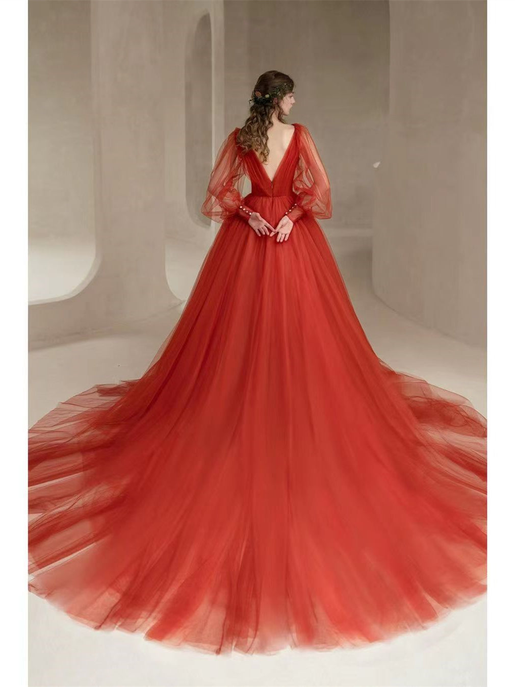 Plunge V-neck Red Tulle Princess Dresses, A-line Prom Dresses, Bubble Sleeves Prom Dresses