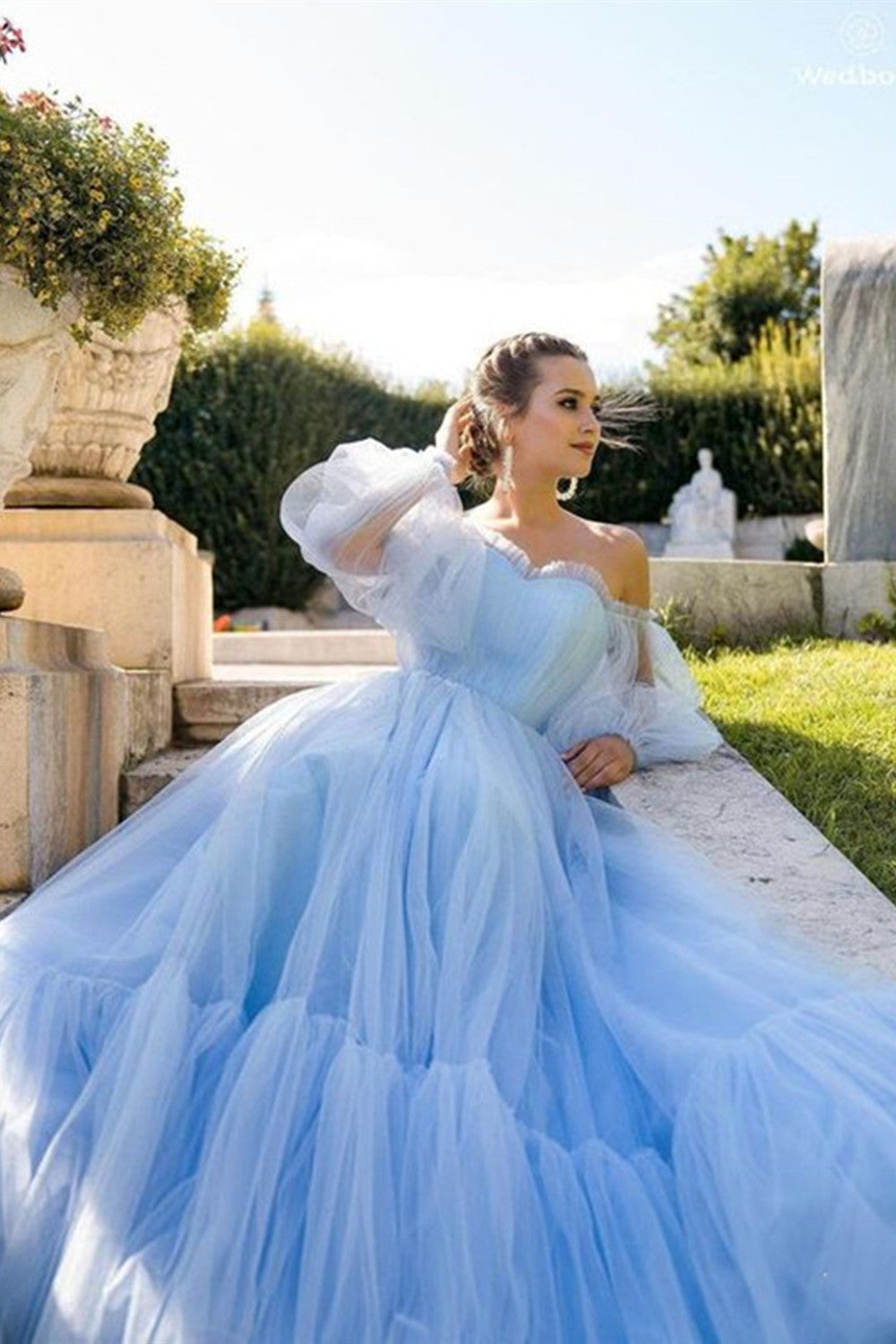 Sky Blue Off The Shoulder A Line Prom Dresses, Tulle 2021 Prom Dresses, Elegant Evening Dresses