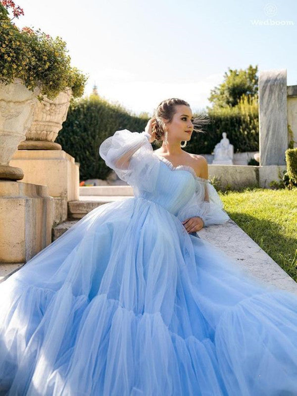 Sky Blue Off The Shoulder A Line Prom Dresses, Tulle 2021 Prom Dresses, Elegant Evening Dresses