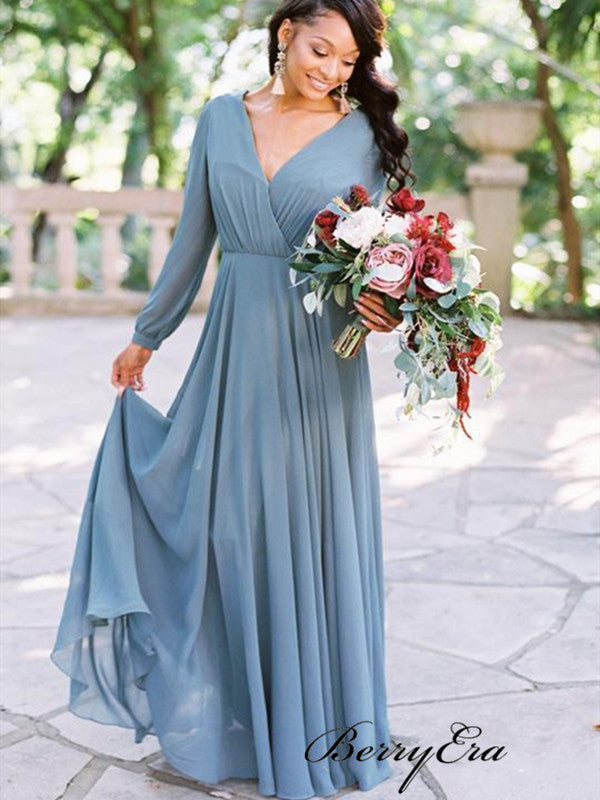 Long Sleeves V-neck Bridesmaid Dresses, Chiffon A-line Bridesmaid Dresses