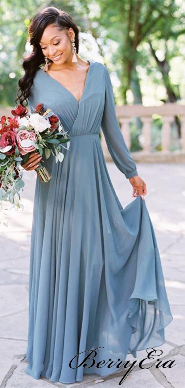 Long Sleeves V-neck Bridesmaid Dresses, Chiffon A-line Bridesmaid Dresses