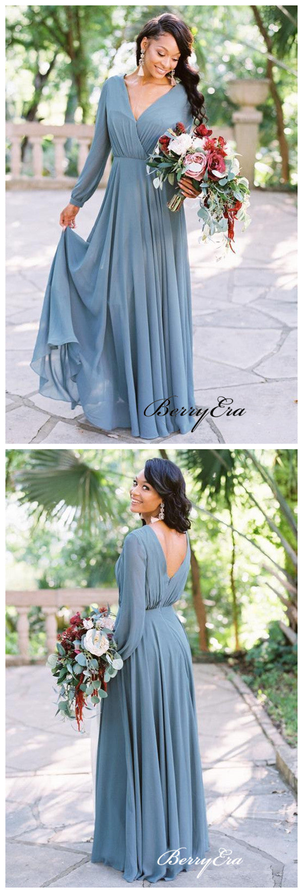 Long Sleeves V-neck Bridesmaid Dresses, Chiffon A-line Bridesmaid Dresses