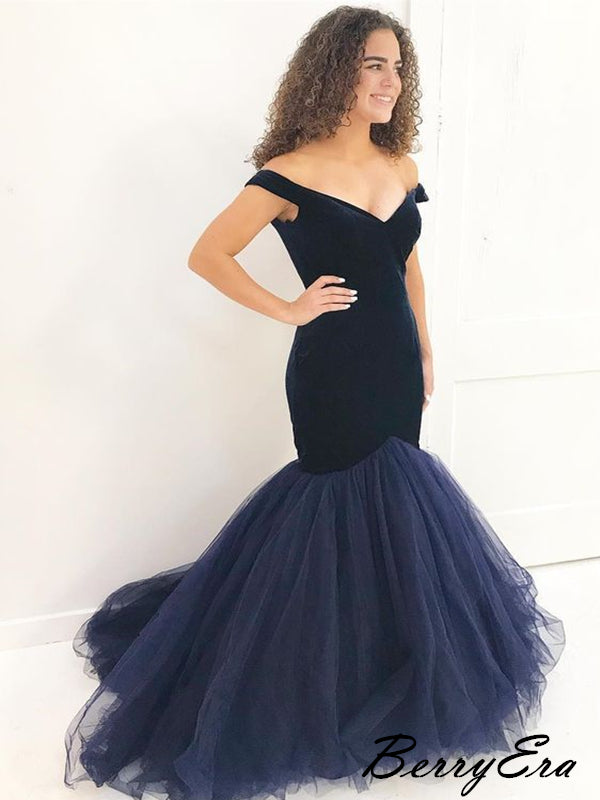 Modest Velvet Mermaid Prom Dresses, Off The Shoulder Princess Prom Dresses