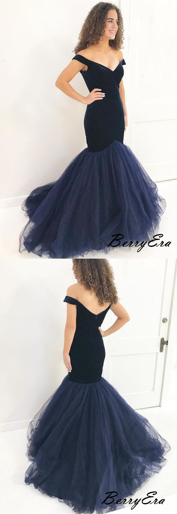 Modest Velvet Mermaid Prom Dresses, Off The Shoulder Princess Prom Dresses