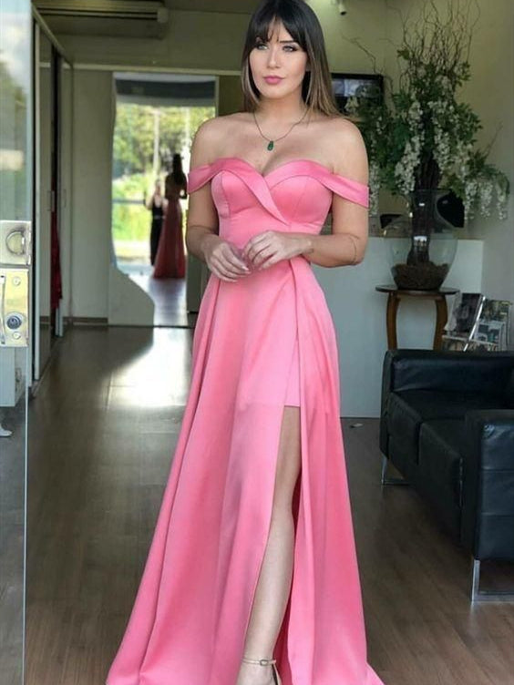 Off Shoulder Pink Satin Prom Dresses, Side Slit Prom Dresses, Long Prom Dresses