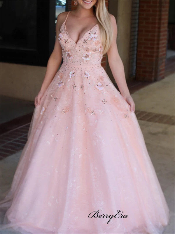 Spaghetti V-neck Lace Prom Dresses, 2020 Newest Appliques Prom Dresses Long