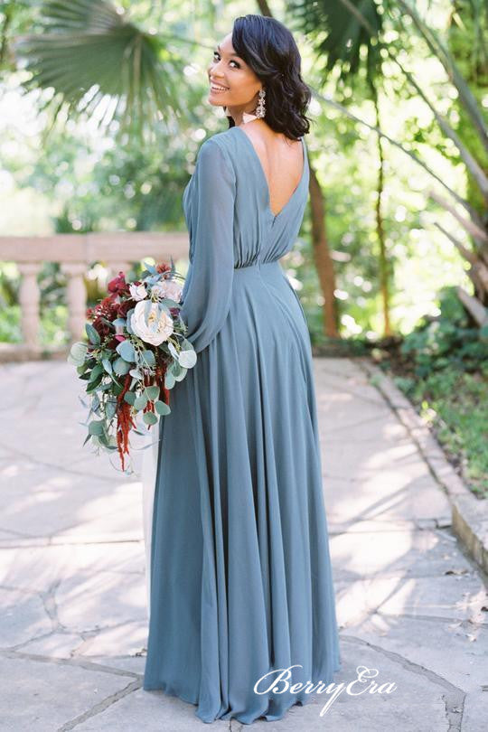 Long Sleeves V-neck Bridesmaid Dresses, Chiffon A-line Bridesmaid Dresses