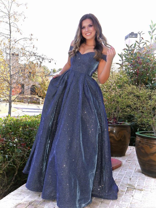 Off Shoulder Long A-Line Shmmering Satin Prom Dresses, Popular 2021 Prom Dresses, Long Prom Dresses