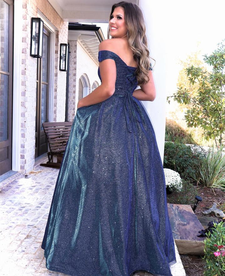 Off Shoulder Long A-Line Shmmering Satin Prom Dresses, Popular 2021 Prom Dresses, Long Prom Dresses